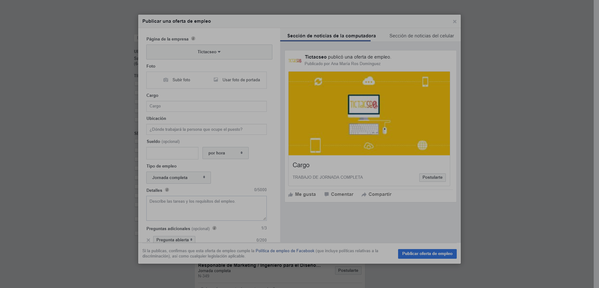 paso 1 para publicar una oferta de empleo en facebook