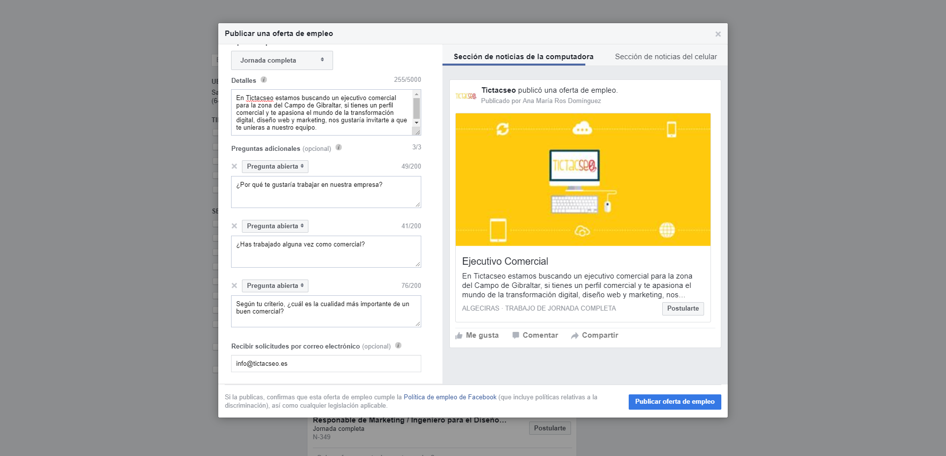 paso 2 para publicar una oferta de empleo en facebook