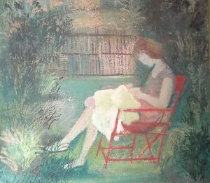 joven cosiendo, detrás de la costura